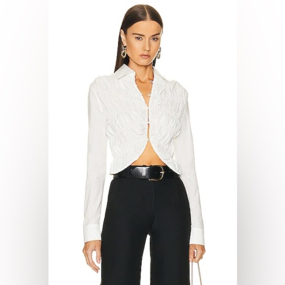KHAITE Brena Top 'White' Button Down Crop Shirt with Notched Collar
